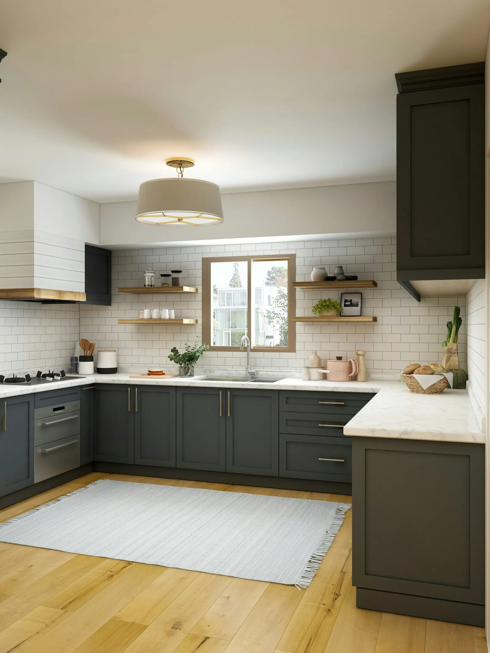A calm, sunlit Japandi kitchen with clear counters and bare wood.